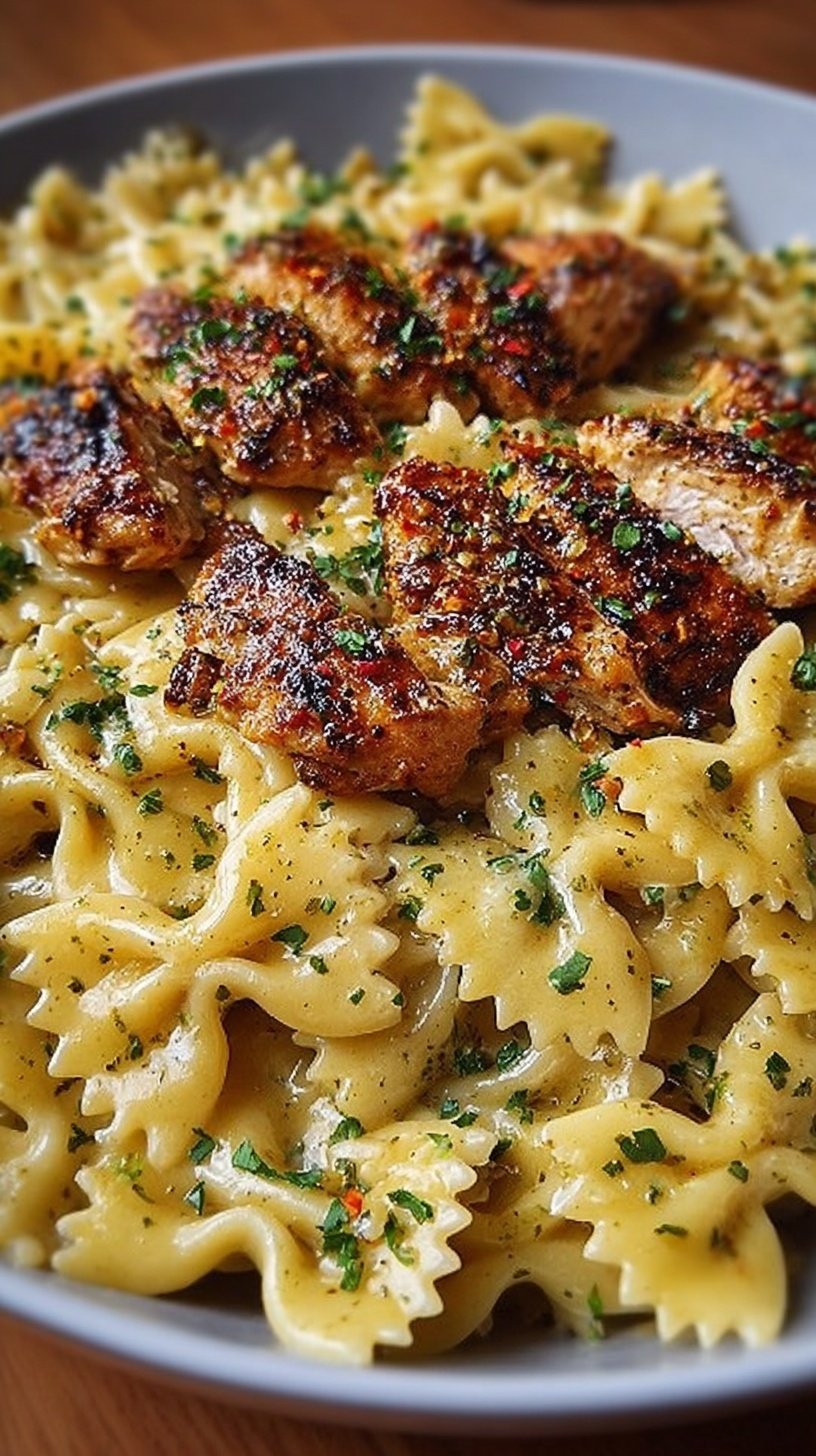 A skillet filled with creamy Cajun chicken bowtie pasta topped with melted cheese and fresh parsley.