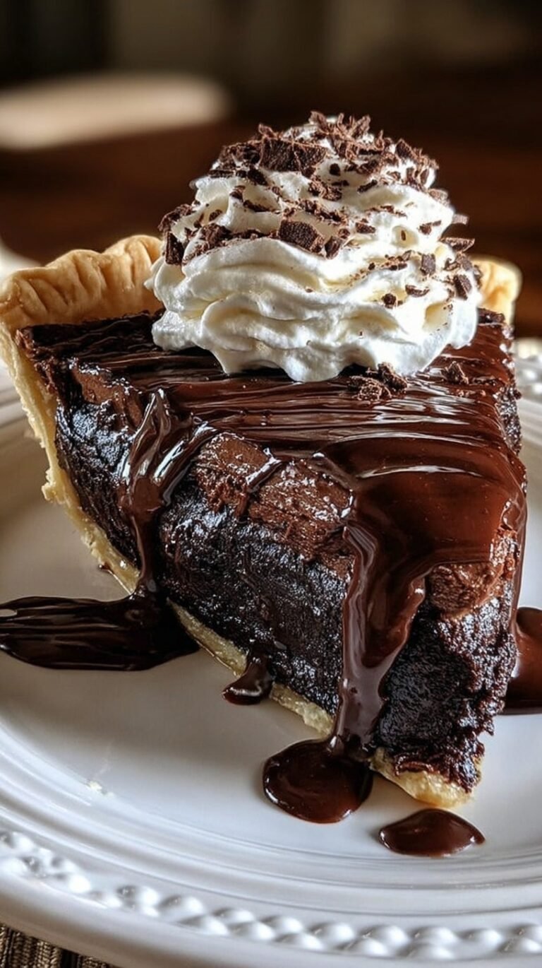 A slice of warm hot fudge pie served with a scoop of melting vanilla ice cream on a white plate.