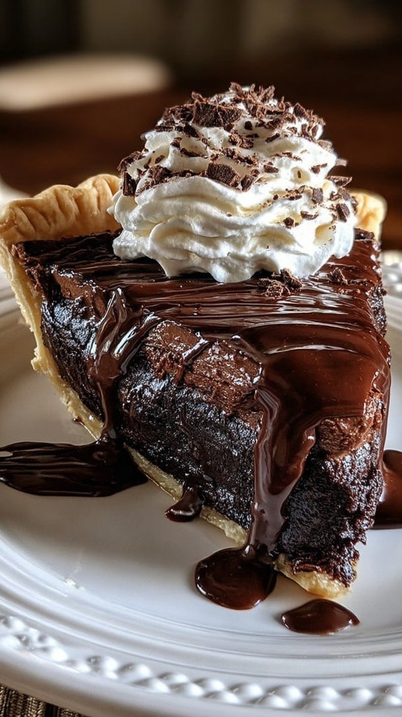 A slice of warm hot fudge pie served with a scoop of melting vanilla ice cream on a white plate.