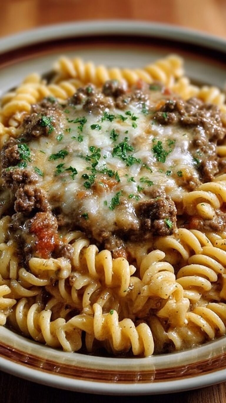 A bowl of creamy beef rotini pasta with garlic parmesan sauce and fresh parsley garnish