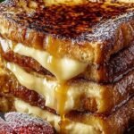 Golden brown overnight French toast in a baking dish with a caramel glaze.