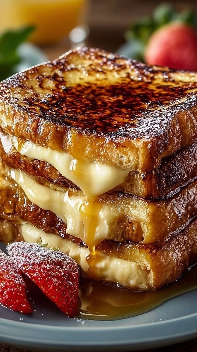 Golden brown overnight French toast in a baking dish with a caramel glaze.