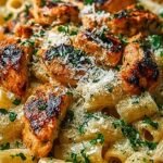 A bowl of rigatoni pasta tossed with golden chicken cubes and garlic butter sauce