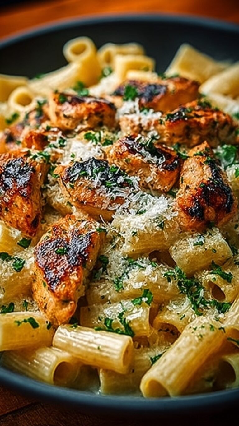 A bowl of rigatoni pasta tossed with golden chicken cubes and garlic butter sauce