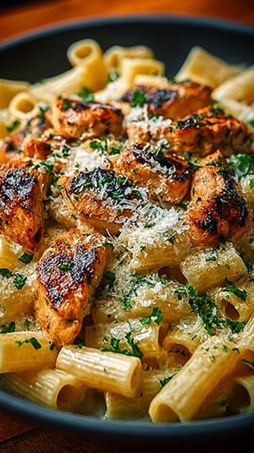 A bowl of rigatoni pasta tossed with golden chicken cubes and garlic butter sauce