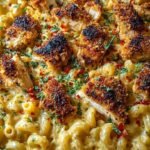 Golden crispy honey pepper chicken piled high on creamy macaroni and cheese
