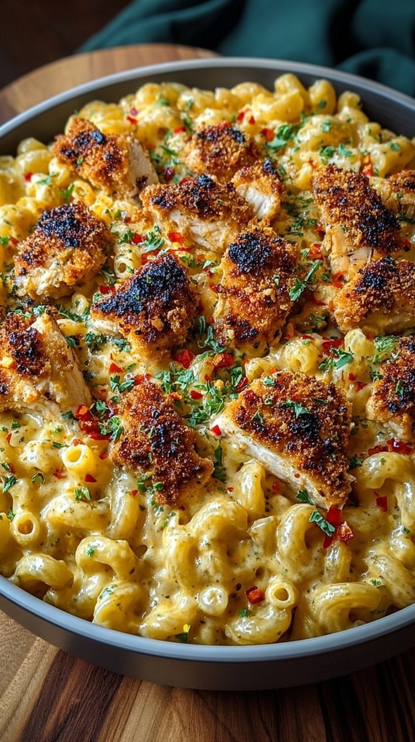Golden crispy honey pepper chicken piled high on creamy macaroni and cheese