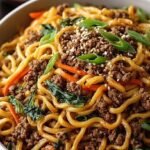 A bowl of savory Asian ground beef noodles garnished with fresh green onions