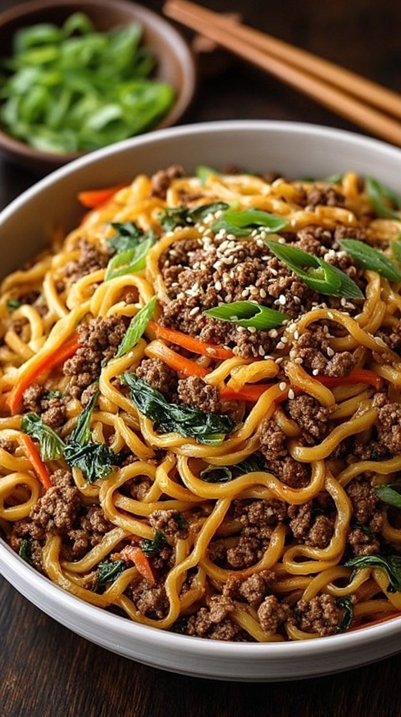 A bowl of savory Asian ground beef noodles garnished with fresh green onions