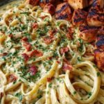 A bowl of creamy Cajun chicken linguine topped with fresh parsley