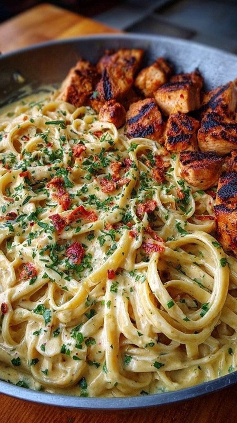 A bowl of creamy Cajun chicken linguine topped with fresh parsley