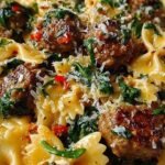 A white bowl filled with creamy bowtie pasta, ground beef, Italian sausage, and fresh spinach in a garlic butter sauce.