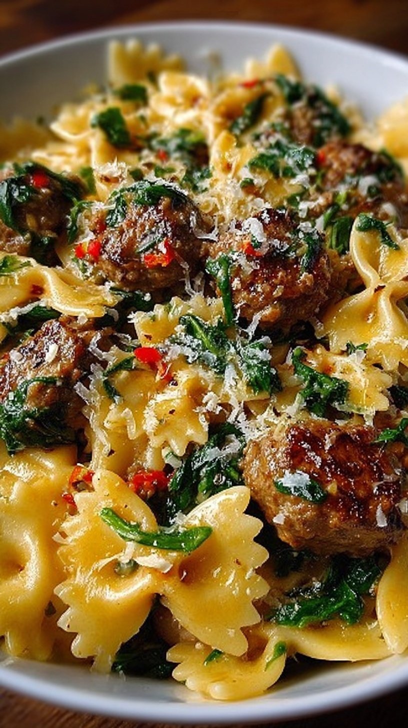 A white bowl filled with creamy bowtie pasta, ground beef, Italian sausage, and fresh spinach in a garlic butter sauce.