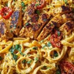 A large skillet filled with creamy penne pasta, golden chicken cubes, and red bell peppers garnished with parsley.