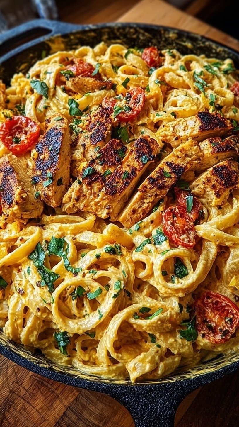 A large skillet filled with creamy penne pasta, golden chicken cubes, and red bell peppers garnished with parsley.