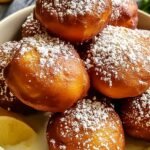 Golden brown lemon fritters dusted with powdered sugar on a wire rack