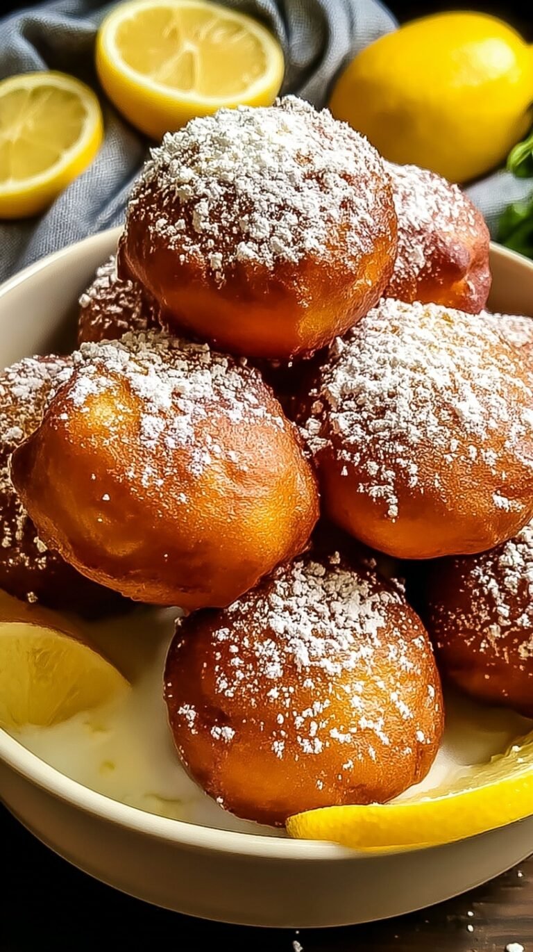 Golden brown lemon fritters dusted with powdered sugar on a wire rack