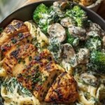 A plate of creamy Greek chicken alfredo pasta with spinach and artichokes next to roasted parmesan broccoli.