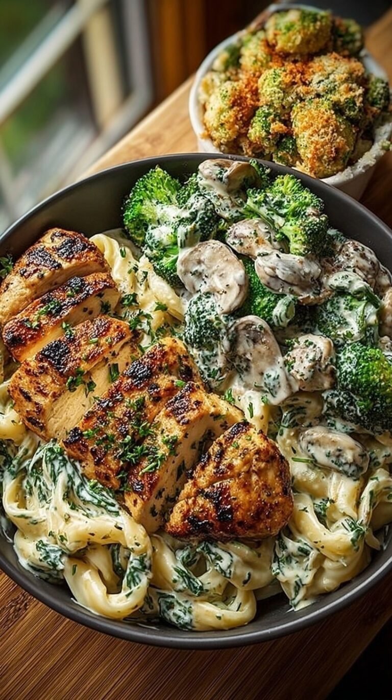 A plate of creamy Greek chicken alfredo pasta with spinach and artichokes next to roasted parmesan broccoli.