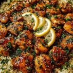 A golden skillet filled with tender honey butter garlic chicken and fluffy white rice garnished with fresh parsley.