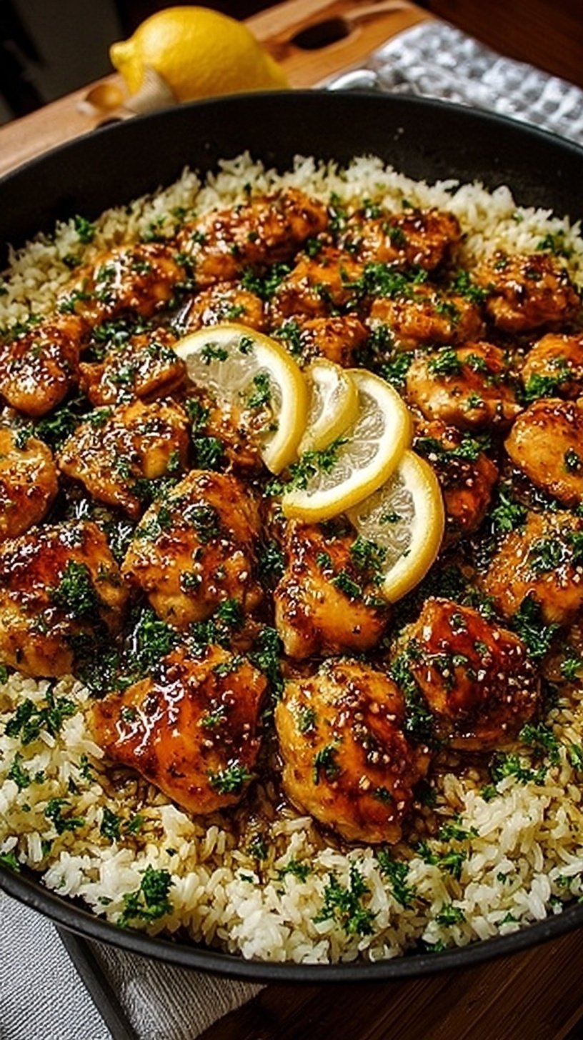 A golden skillet filled with tender honey butter garlic chicken and fluffy white rice garnished with fresh parsley.