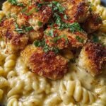 A bowl of gemelli pasta in orange cream sauce topped with golden fried chicken bites