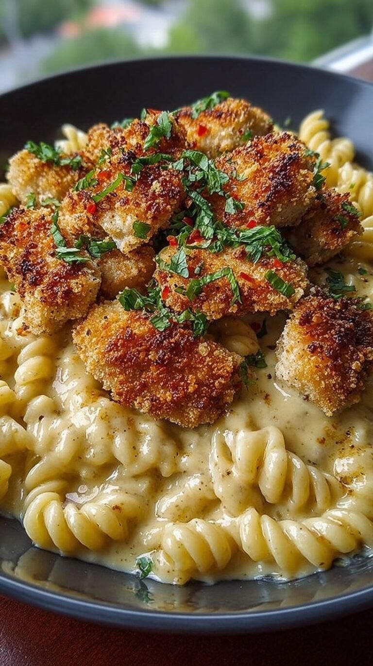 A bowl of gemelli pasta in orange cream sauce topped with golden fried chicken bites