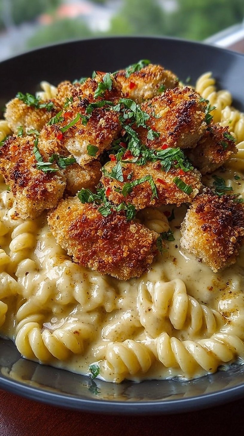 A bowl of gemelli pasta in orange cream sauce topped with golden fried chicken bites
