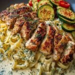 A plate of creamy lemon dill chicken alfredo topped with red pepper whipped feta and served with crispy zucchini rounds.