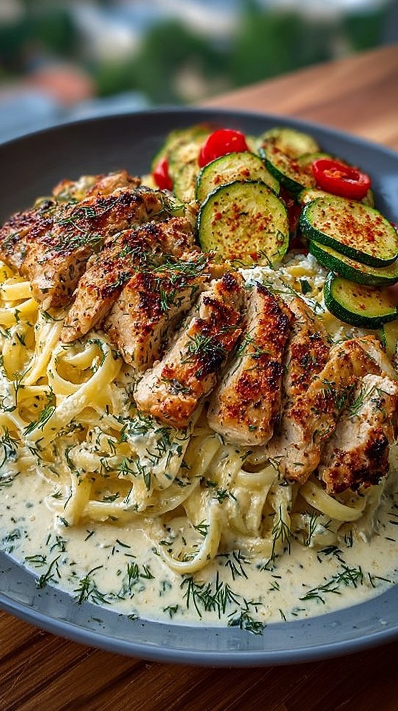 A plate of creamy lemon dill chicken alfredo topped with red pepper whipped feta and served with crispy zucchini rounds.