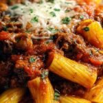 A large skillet of creamy Velveeta rigatoni with ground beef and marinara sauce