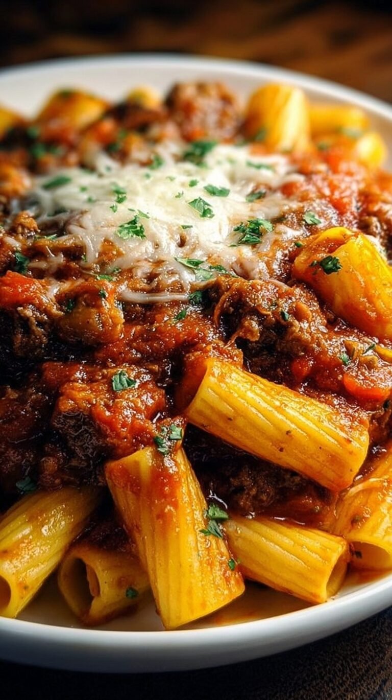 A large skillet of creamy Velveeta rigatoni with ground beef and marinara sauce