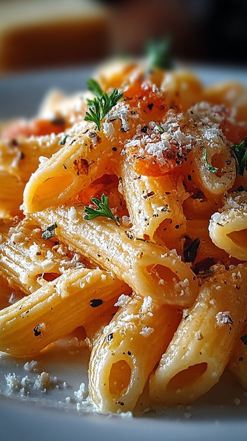 A white bowl filled with creamy Rattlesnake Pasta featuring sliced chicken, red bell peppers, and fresh cilantro garnish.