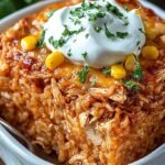 A bubbling dish of chicken enchilada casserole topped with melted cheese and fresh cilantro.