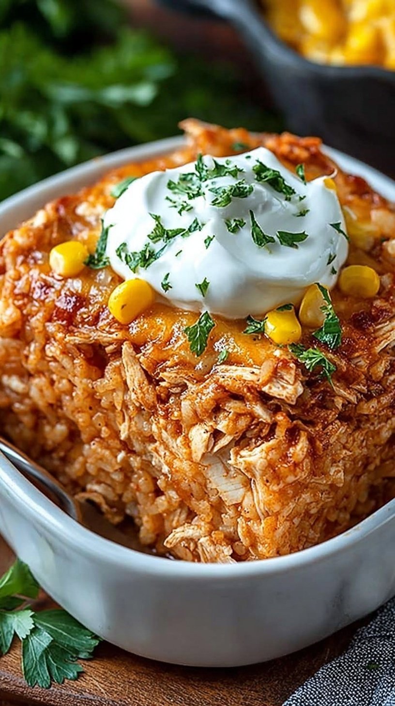 A bubbling dish of chicken enchilada casserole topped with melted cheese and fresh cilantro.