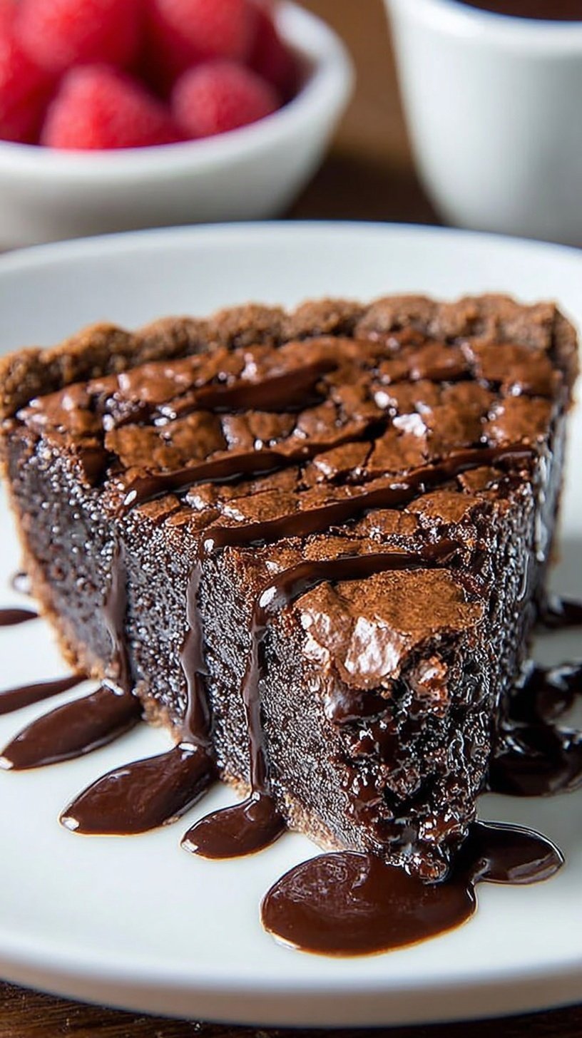 A slice of gooey brownie pie with a crackly top and melted chocolate chips inside a buttery crust.