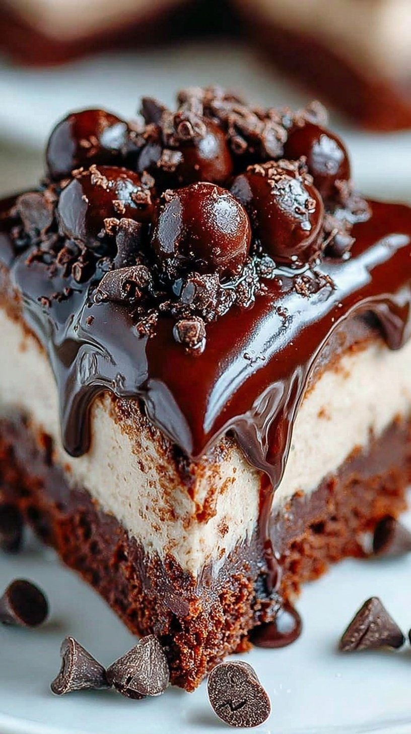 A close-up shot of layered no-bake cheesecake brownies with chocolate ganache and brownie chunks on top.