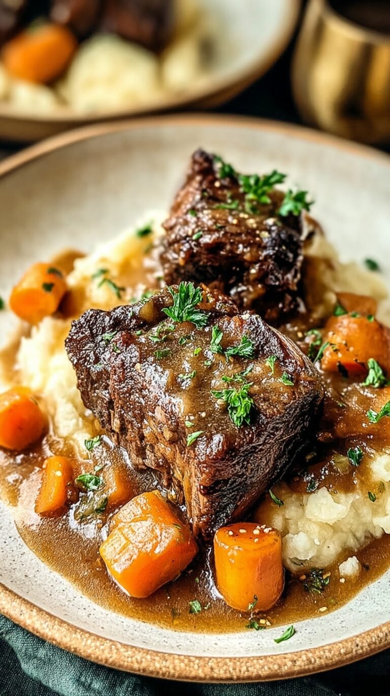 Fork-tender beef short ribs served over mashed potatoes with a rich red wine sauce.