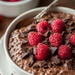 A glass jar filled with chocolate overnight oats topped with fresh raspberries and mini chocolate chips.