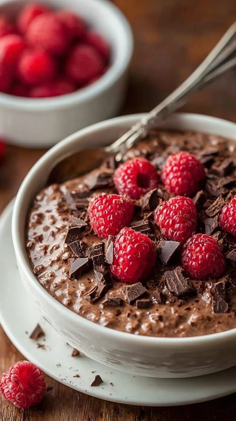 A glass jar filled with chocolate overnight oats topped with fresh raspberries and mini chocolate chips.