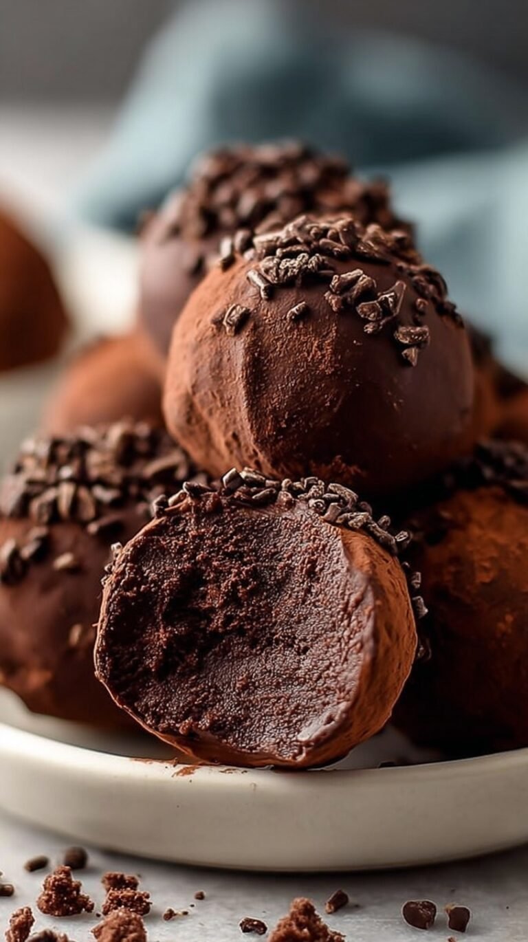 A plate of dusted chocolate protein truffles on a marble countertop