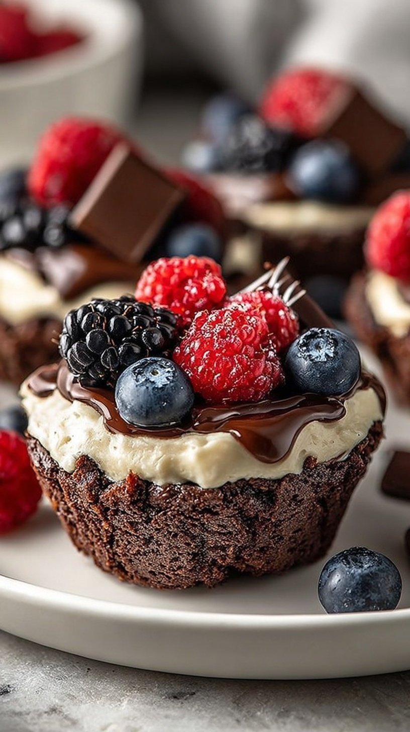 Two glass cups filled with creamy chocolate mousse and topped with fresh raspberries and blueberries.