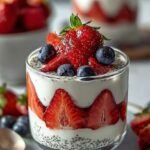 A layered glass filled with Greek yogurt, fresh sliced strawberries, chia seeds, and crunchy granola.