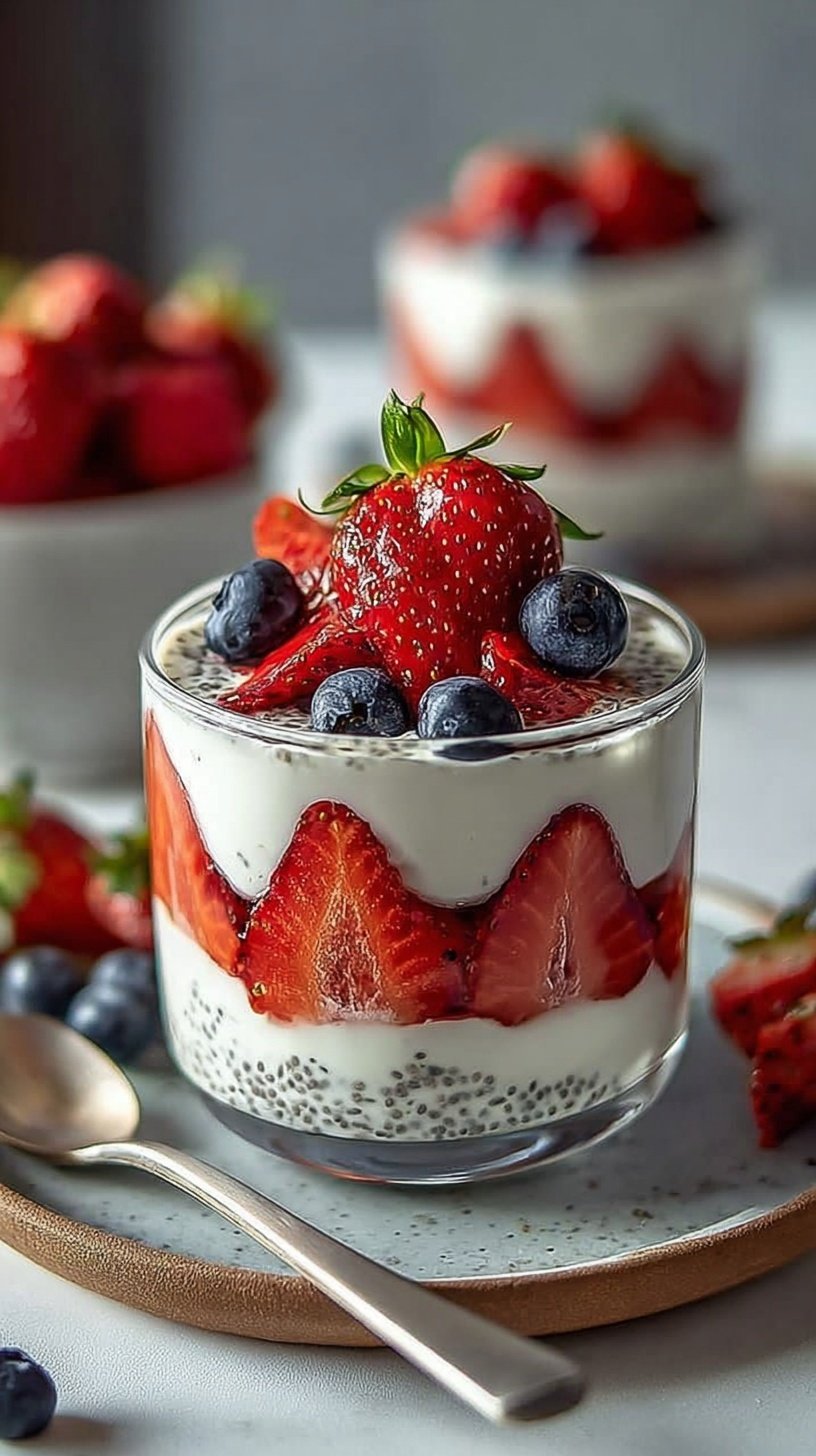 A layered glass filled with Greek yogurt, fresh sliced strawberries, chia seeds, and crunchy granola.