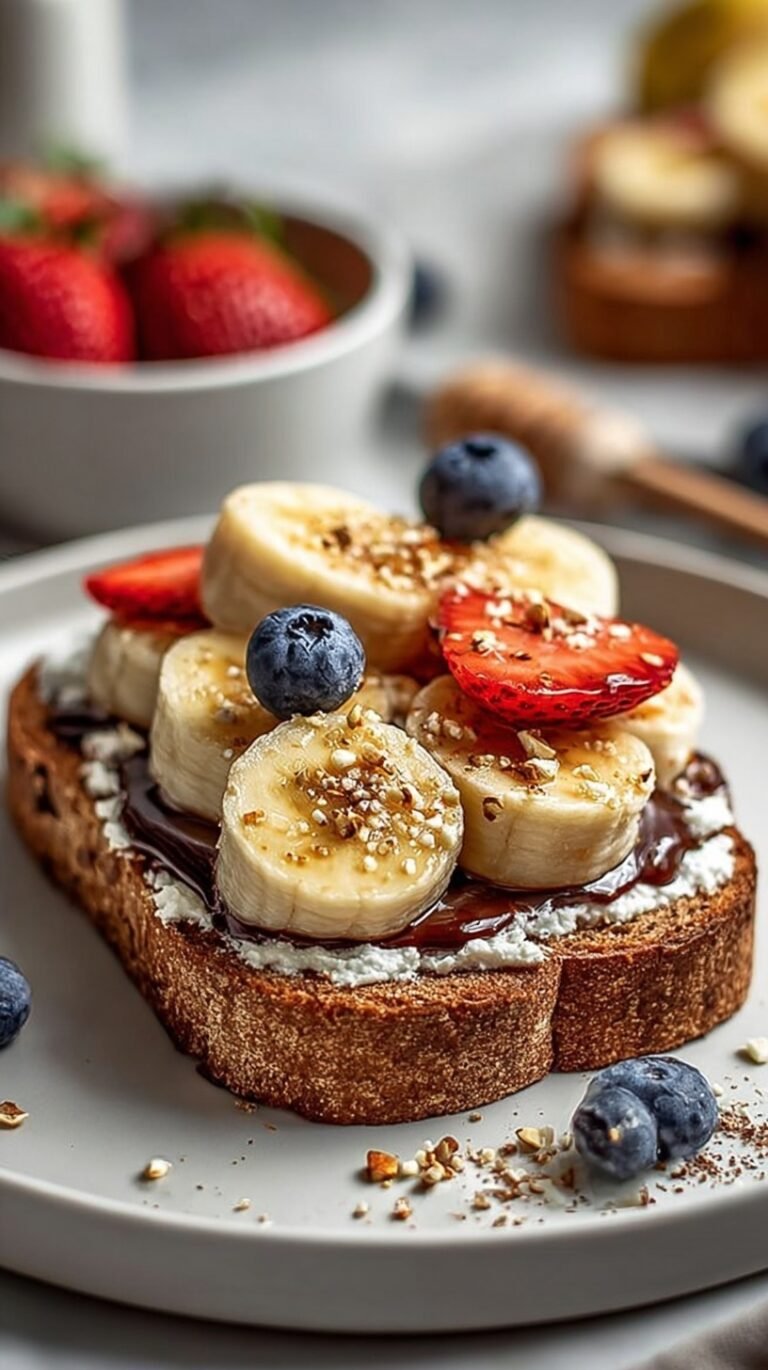 Two slices of whole grain toast topped with cottage cheese, sliced bananas, chocolate shavings, and a drizzle of honey.
