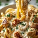 A bowl of creamy fettuccine pasta with golden sautéed chicken and fresh parsley.