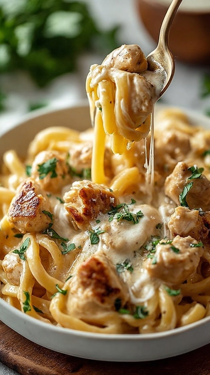 A bowl of creamy fettuccine pasta with golden sautéed chicken and fresh parsley.