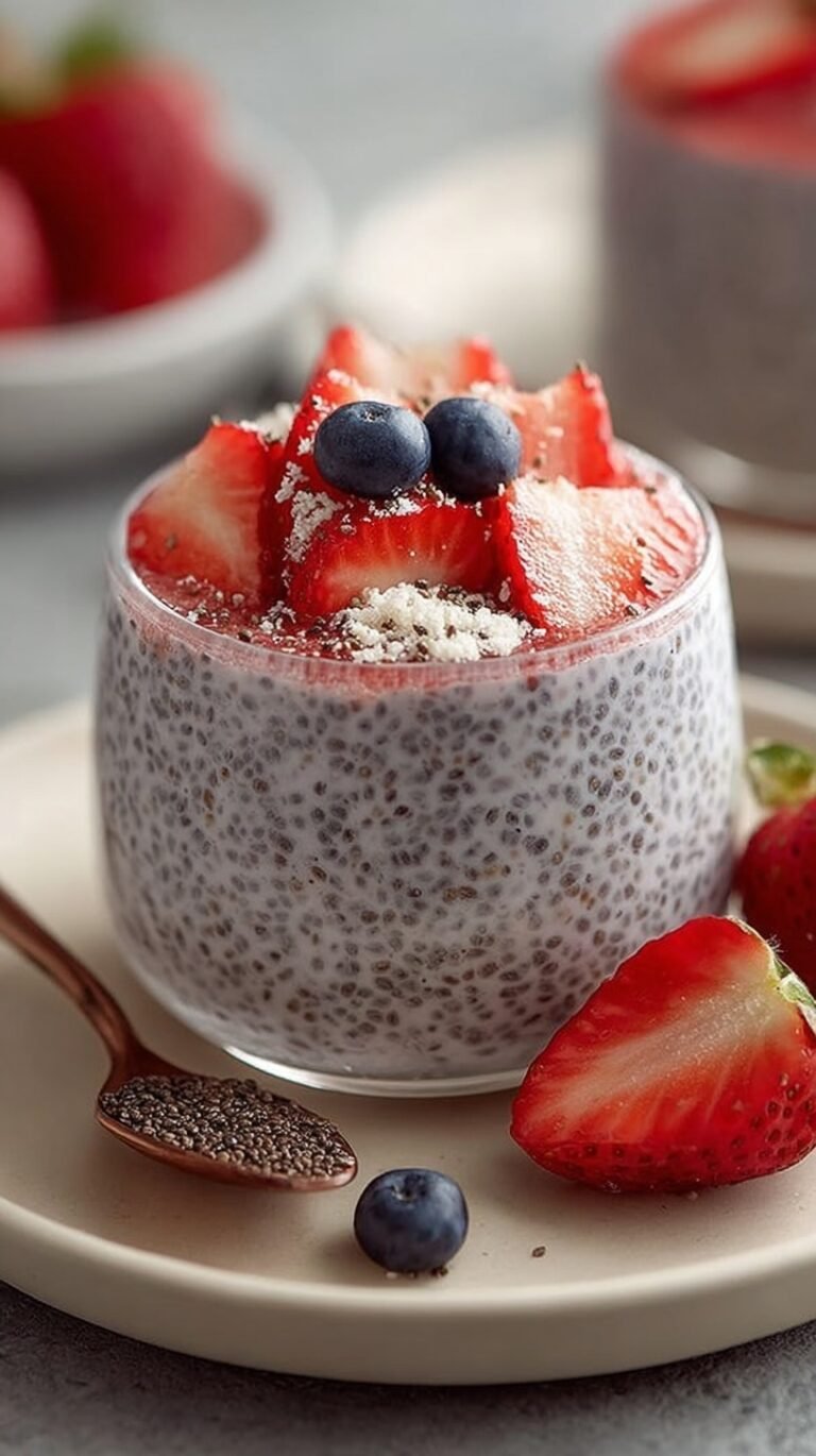 Two glass jars filled with creamy strawberry chia pudding topped with fresh sliced strawberries