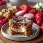 A colorful Valentine's dessert snack board with strawberries, chocolate truffles, and heart-shaped cookies.