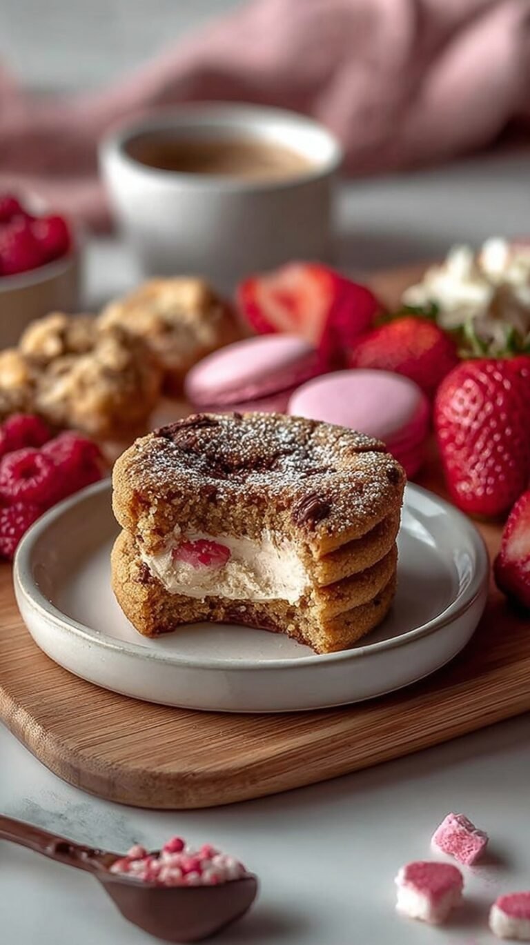 A colorful Valentine's dessert snack board with strawberries, chocolate truffles, and heart-shaped cookies.